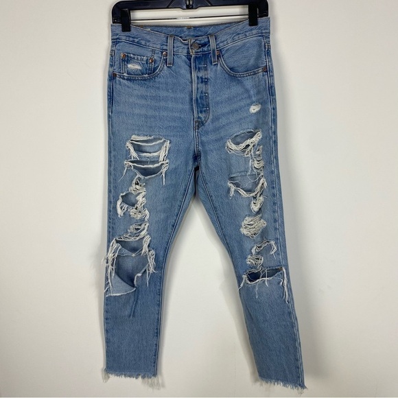 Levi's Light Wash Distressed Button Fly 501 Denim Jeans - Picture 1 of 5
